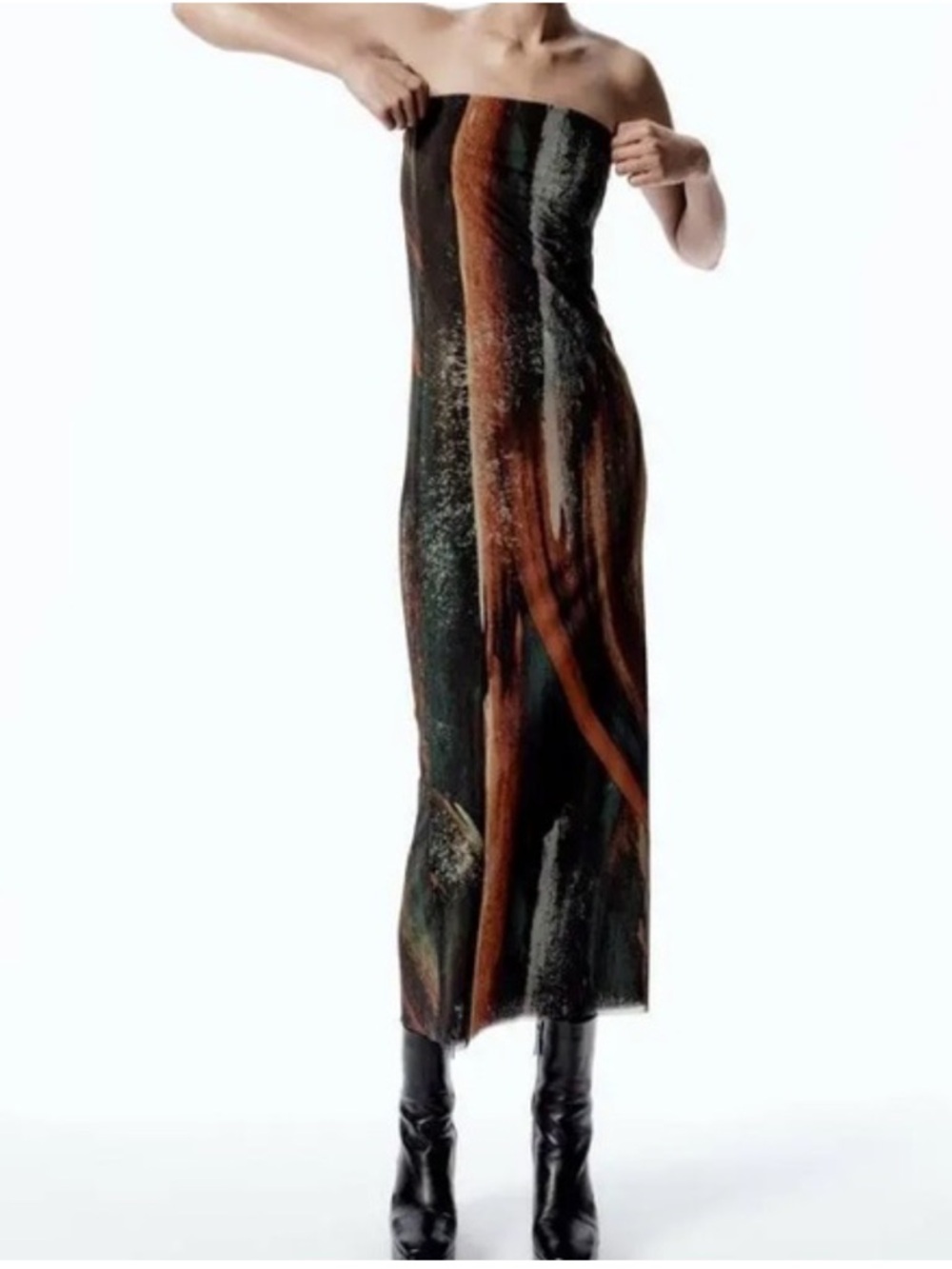 Zara Strapless Maxi Dress in Black and Brown Abstract Swirl